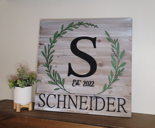 Monogram & Last Name 3d Wreath Sign