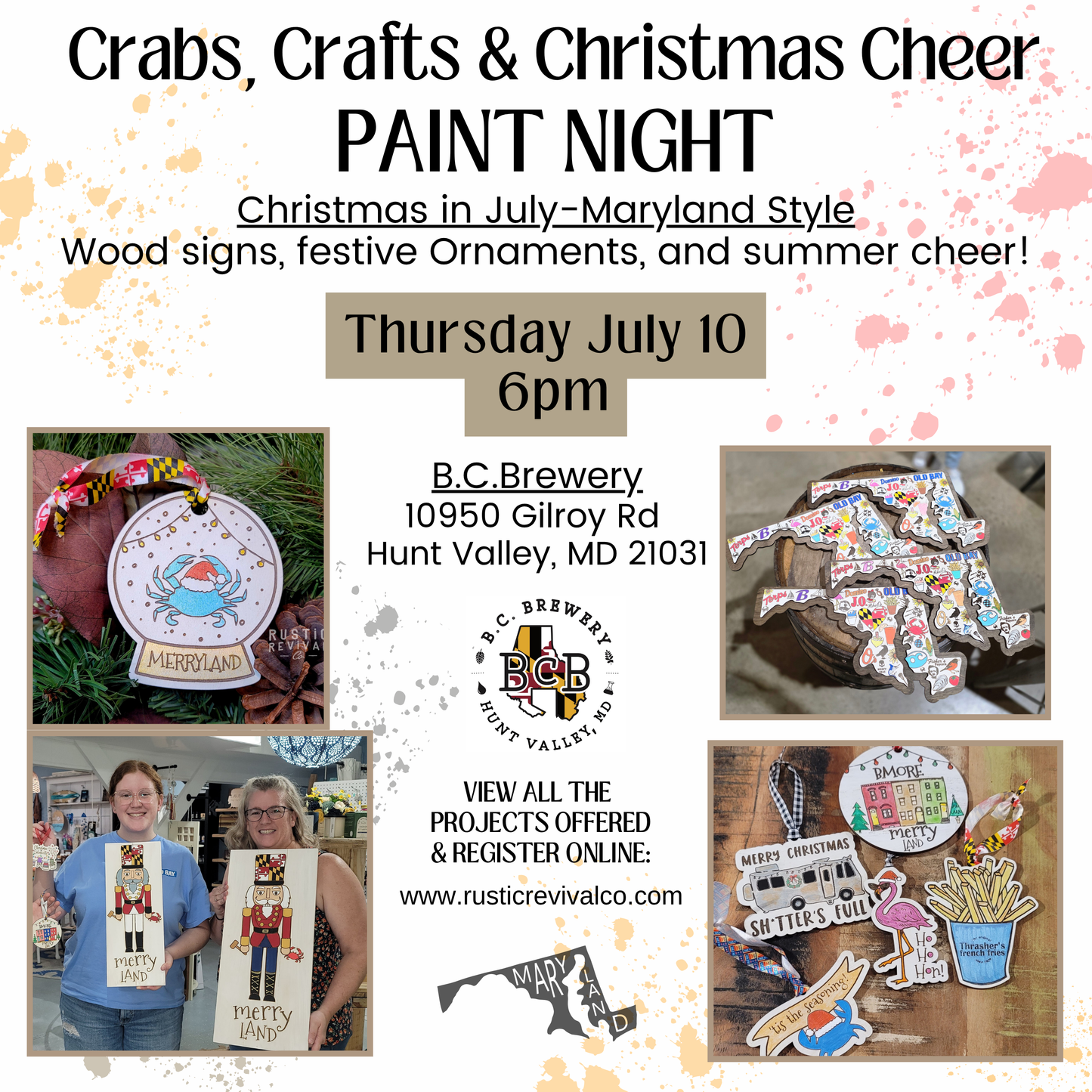 Thursday, July 10, 6pm- Crabs,Crafts & Christmas Cheer- Hunt Valley