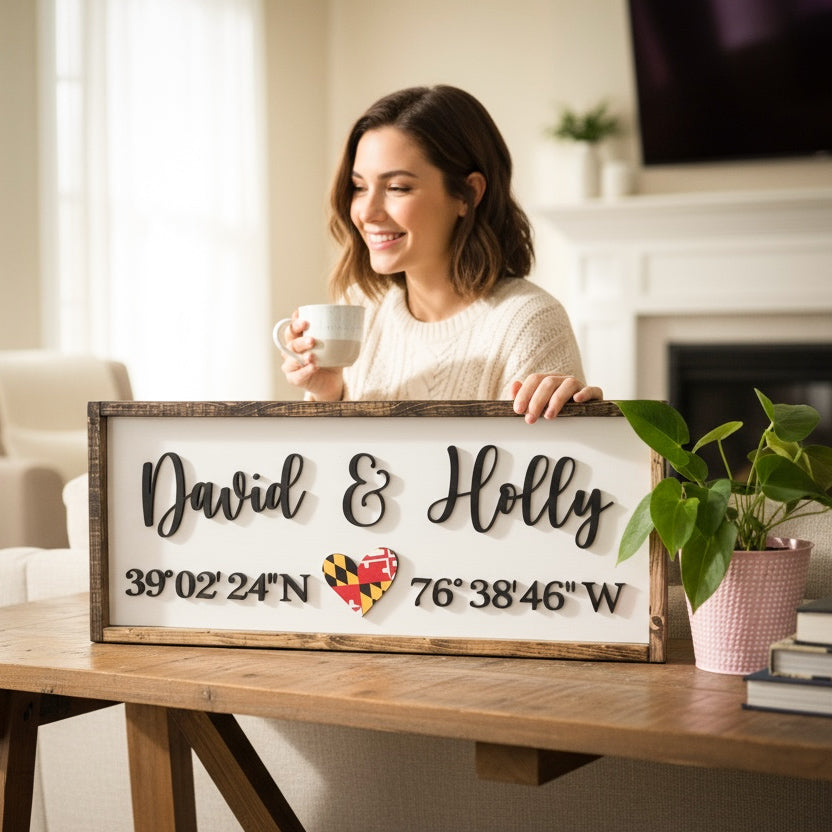Coordinates & Family Name - Custom 3D Wood Sign