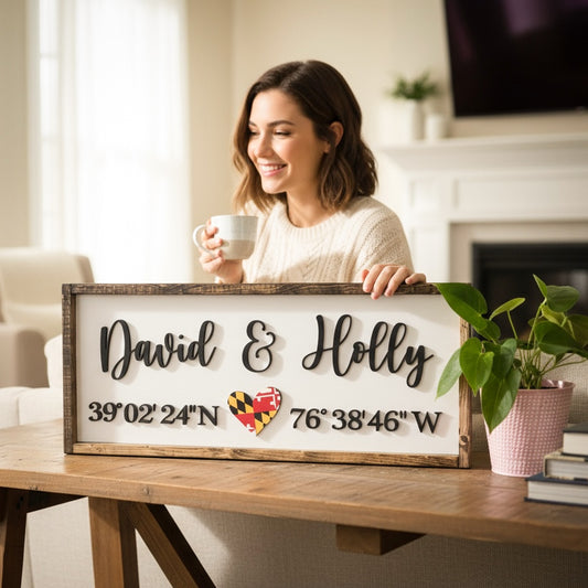 Coordinates & Family Name - Custom 3D Wood Sign